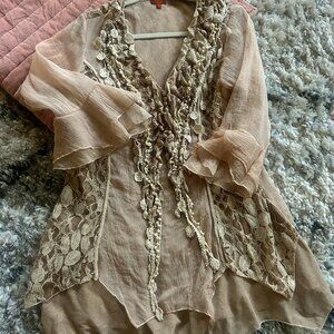 Scully silk and lace Women's Tunic Top Boho Western Chic Taupe Large